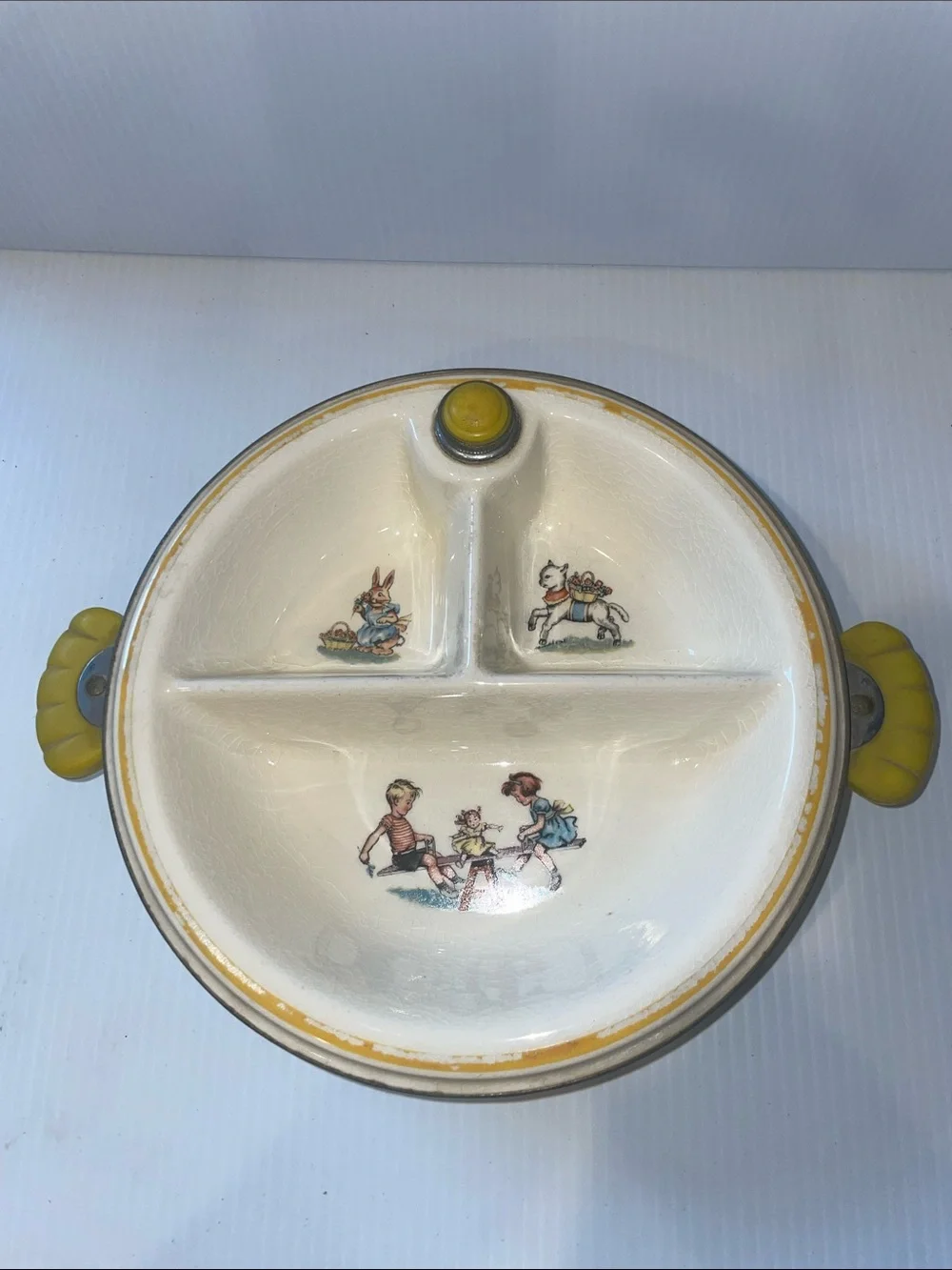 Bartch 1940 era Thermo-Plate porcelain and metal Baby Dish